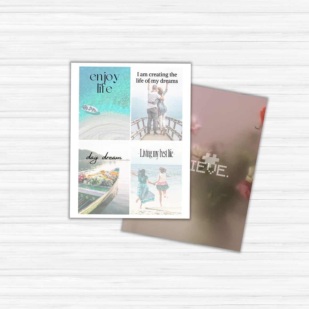 Product Name: Vision Board Bundle
Description: The Vision Board Bundle combines two motivational cards on a wooden surface to create an enchanting display. One card features beach scenes paired with uplifting quotes about savoring life, while the other card is artistically blurred, highlighting the impactful word "BELIEVE.