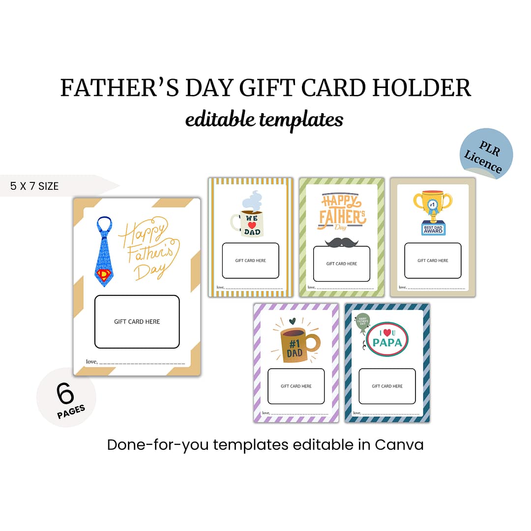 Explore the ideal Father's Day Gift Card Holder templates, offering six editable designs that include mugs, ties, and heartfelt messages. This holder provides a ready-to-use, customizable format to add a personal touch.
