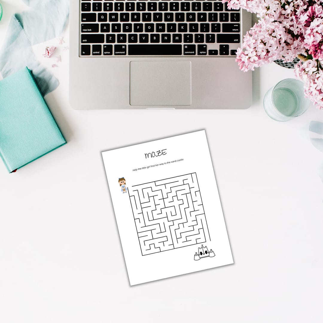 The "Summer Bundle for Kids" includes a laptop, teal notebook, and maze sheet arranged on a white surface, designed to ignite creativity in children. To the right, a vase with pink flowers adds vibrant hues. This bundle is perfect for combining learning and fun!