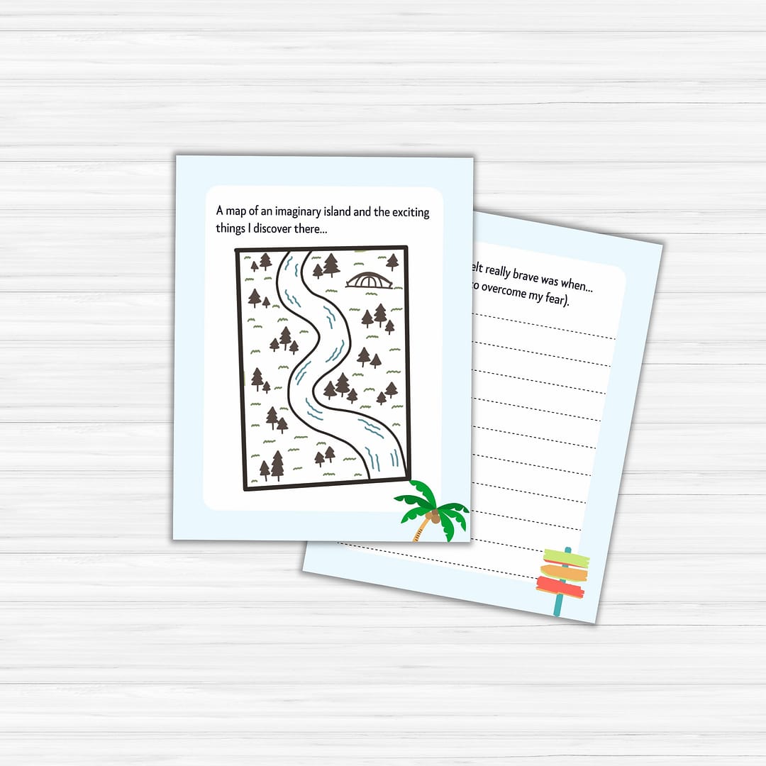 The Summer Journal for Kids includes two illustrated journal pages: one showcasing a map of a fictional island and the other offering blank lines for children to write about bravery. Adorned with palm tree and signpost graphics, this journal is perfect for summer activities, making it the ideal choice for a kid’s summer adventure.