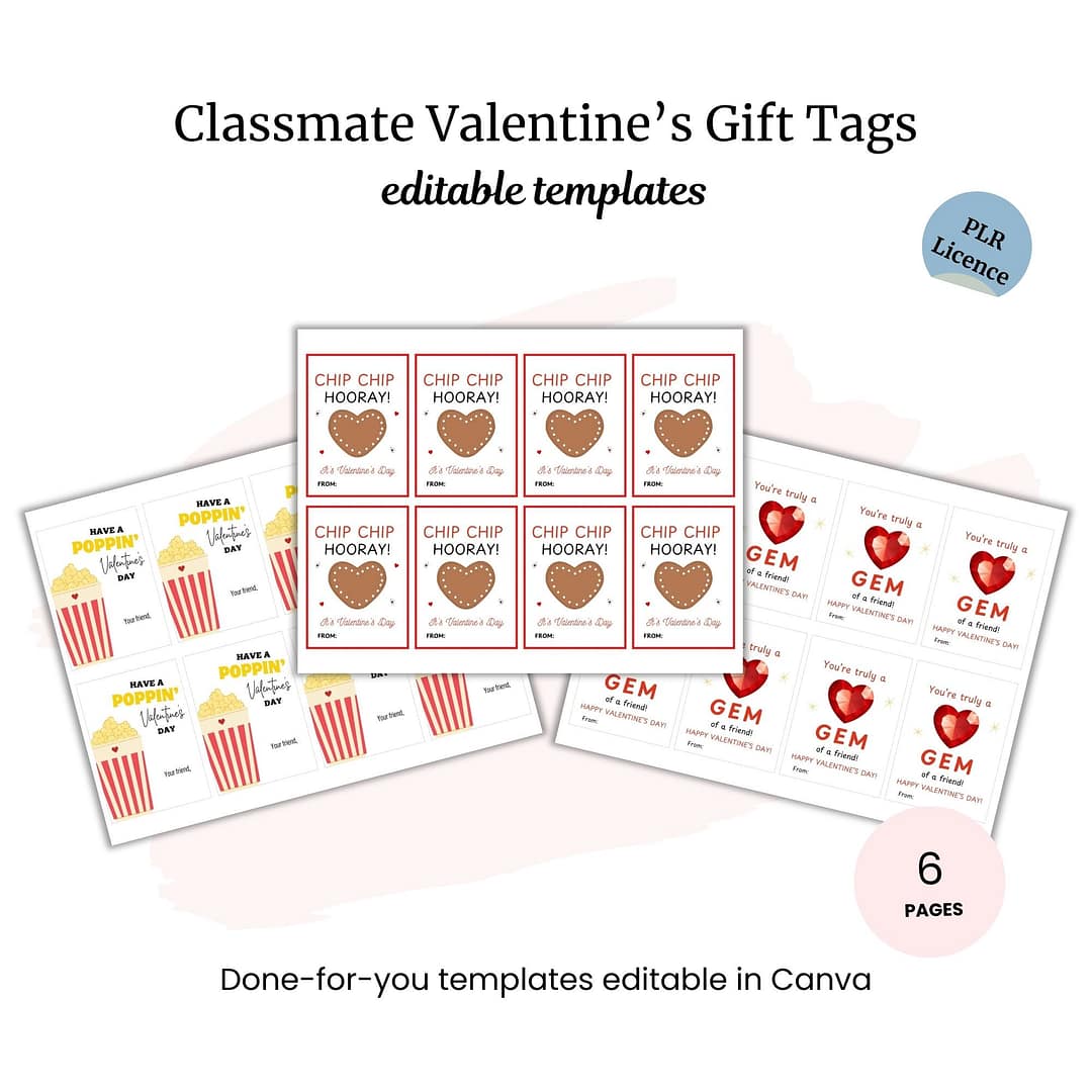 Valentine's Gift Tags PLR: A set of colorful templates featuring popcorn, chocolate chip cookies, and gems, on six printable Canva-editable pages.