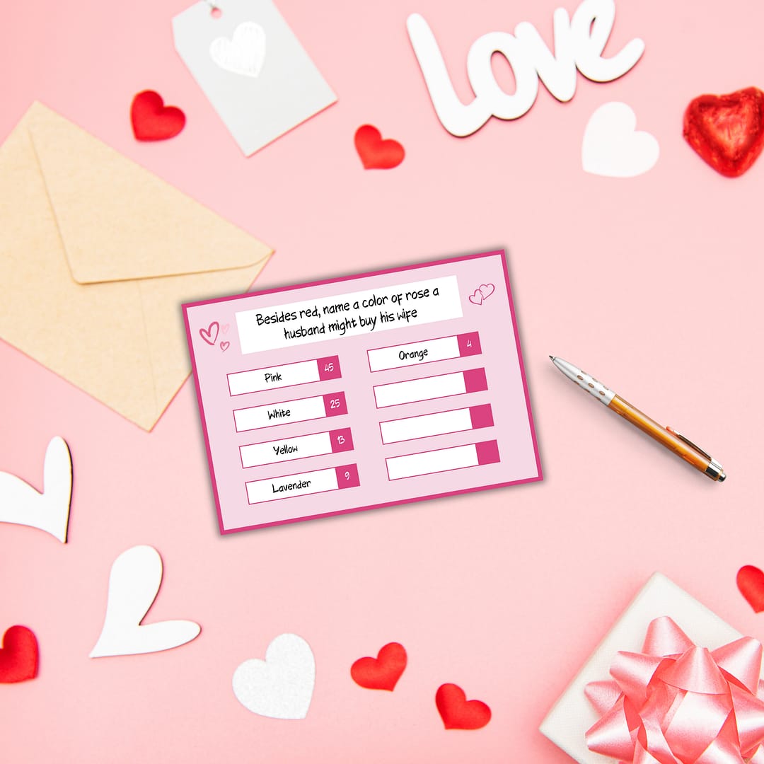 The Valentine's 5-Second Game PLR card showcases a fun game against a pink background with hearts, an envelope, pen, and gift, listing rose colors—pink, orange, white, yellow, and lavender—for romantic inspiration.