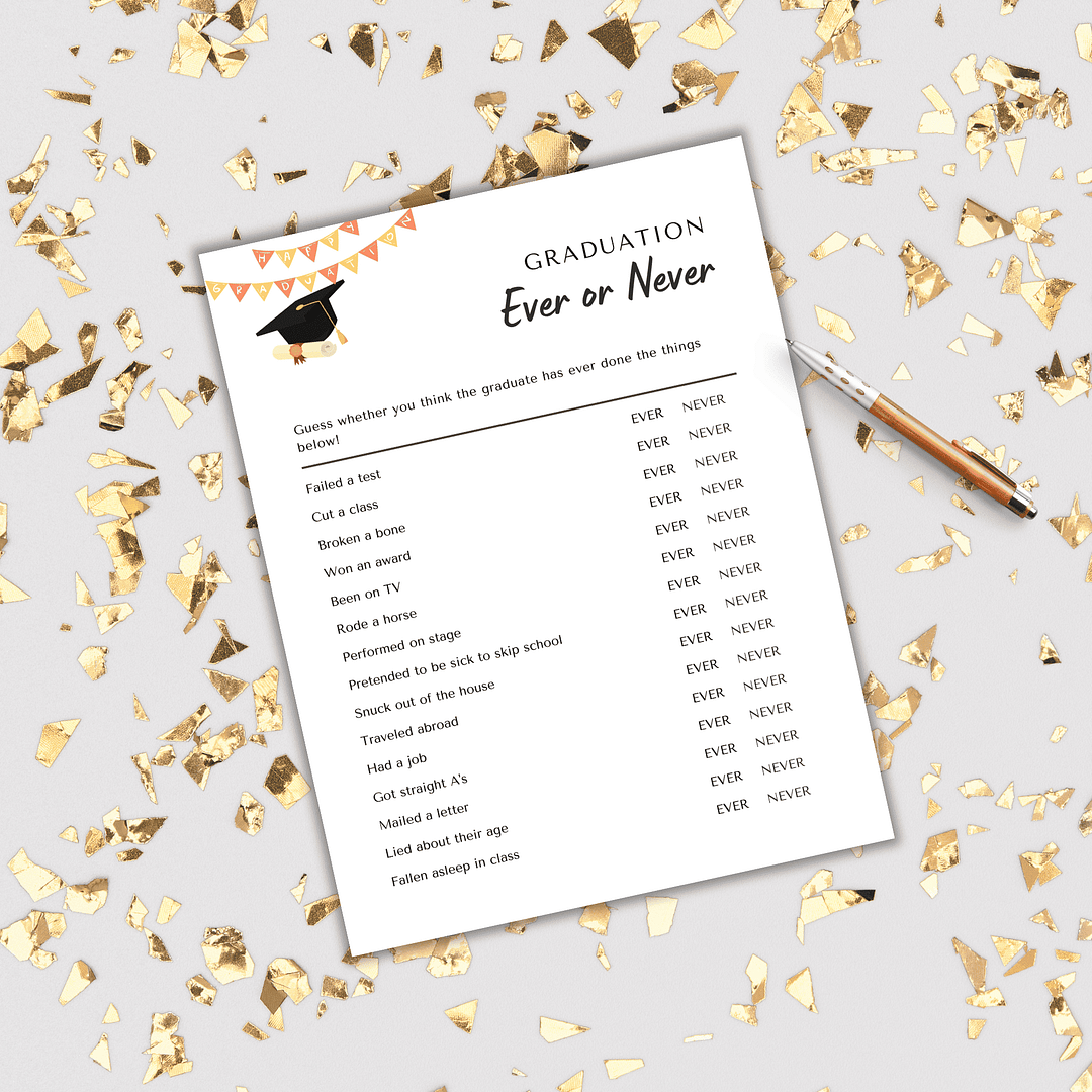 Graduation-themed "Ever or Never" bingo sheet from Meet the Teacher Templates featuring actions like "Failed a test" and "Went abroad," adorned with gold confetti and a pencil, perfect for teachers celebrating year-end in style.