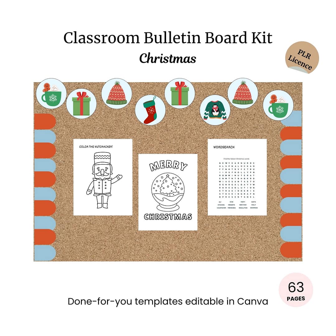 Cork bulletin board decorated with Christmas-themed cutouts and three activity sheets: a coloring page, "Merry Christmas" coloring, and a word search. Text indicates a 63-page kit.