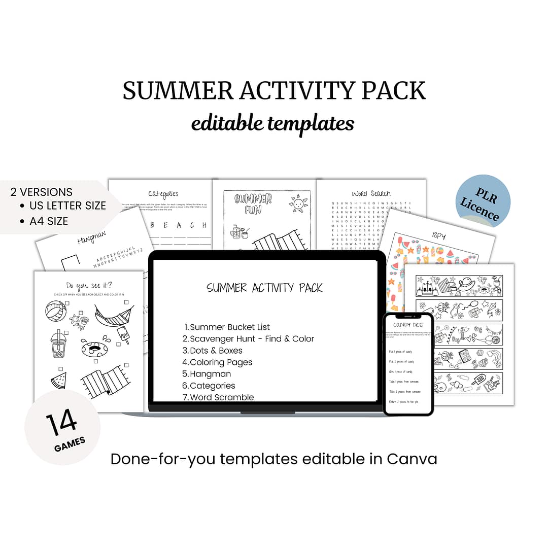 the summer activity pack includes a laptop, notebook, and other items