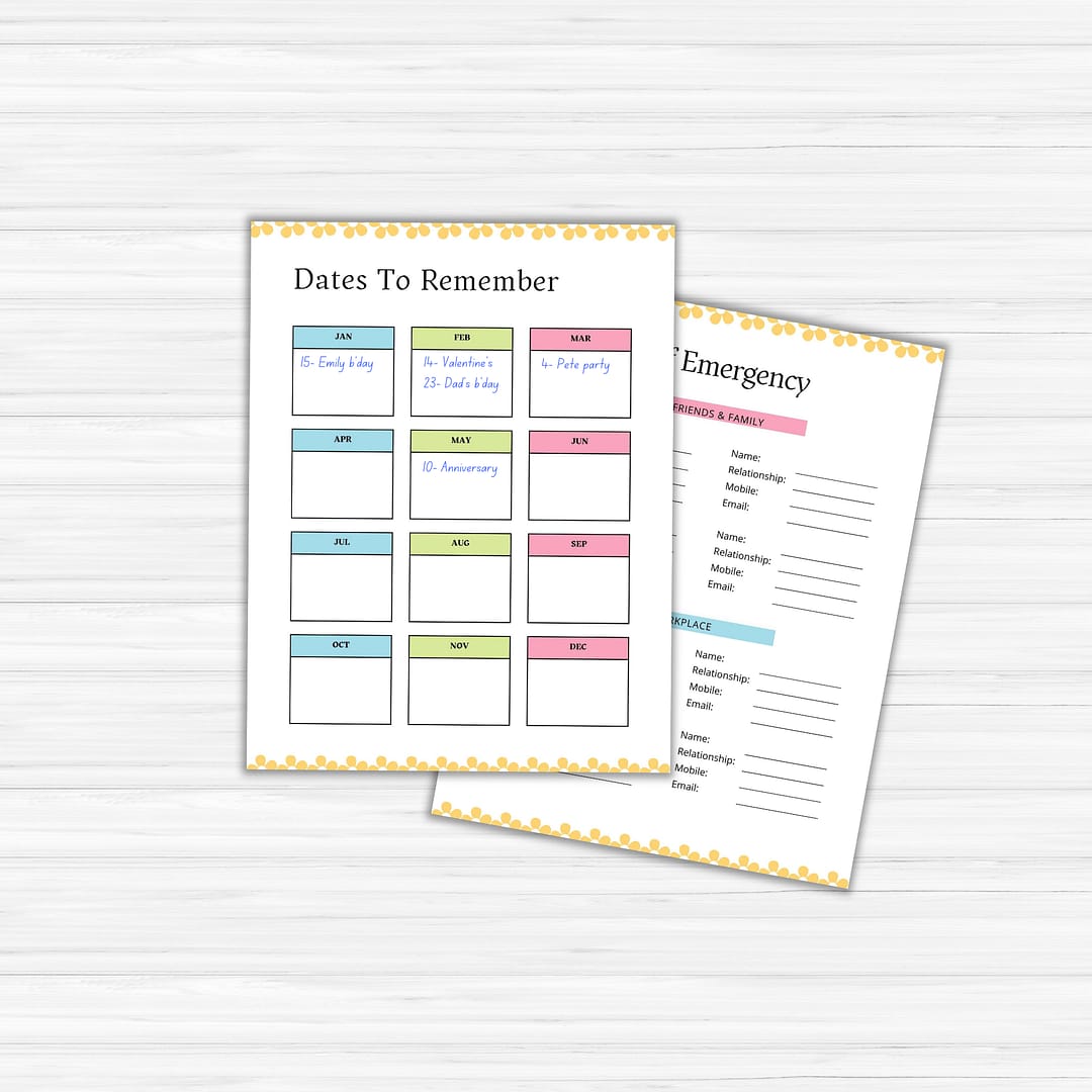 Two pages displayed on a wooden surface feature free Spring-themed planner templates from the product named "Free: Spring-themed Planner Templates." One page is dedicated to "Dates to Remember" organized by month, while the other provides an "In Case of Emergency" contact list, all designed to refresh and enhance your organizational routine.
