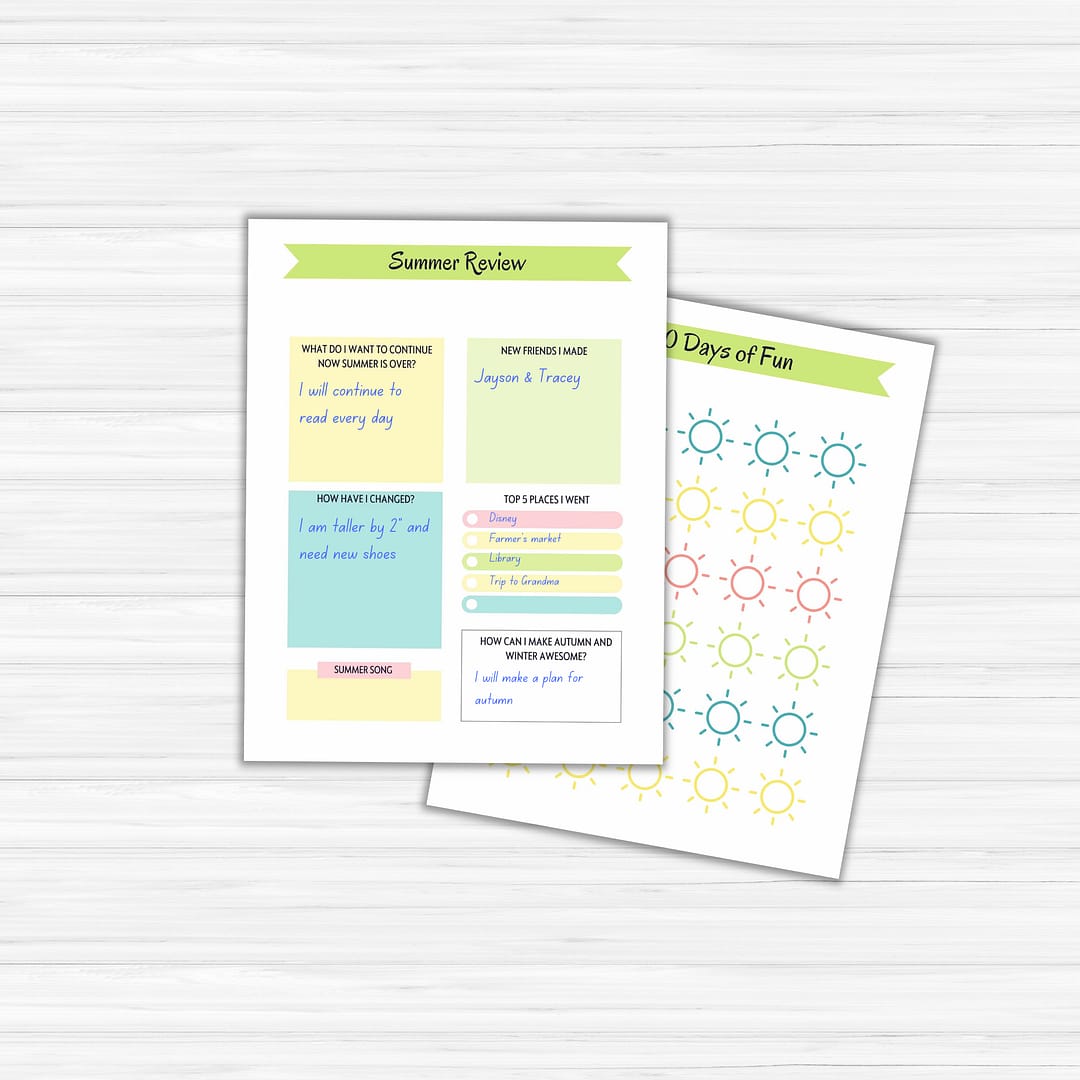On a wooden surface lay two vibrant worksheets from the Summer Planner for Kids, complete with sections for summer review, goals, favorite places, and a 100 days of fun activity tracker adorned with sun icons.