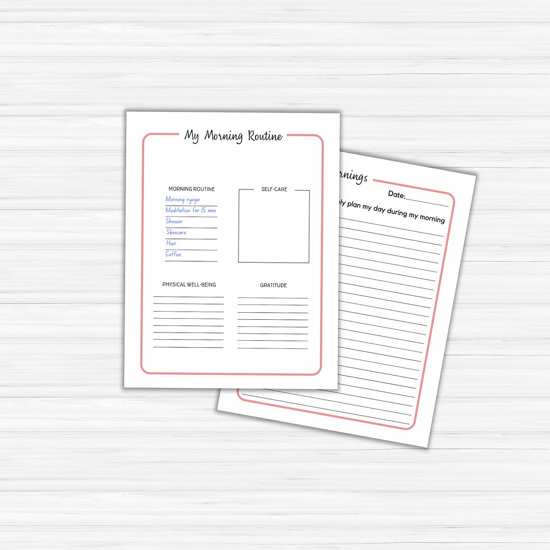 Two pages from the Mindful Mornings Journal & Workbook, featuring one page with a list and space for notes, and another page lined for journal writing.