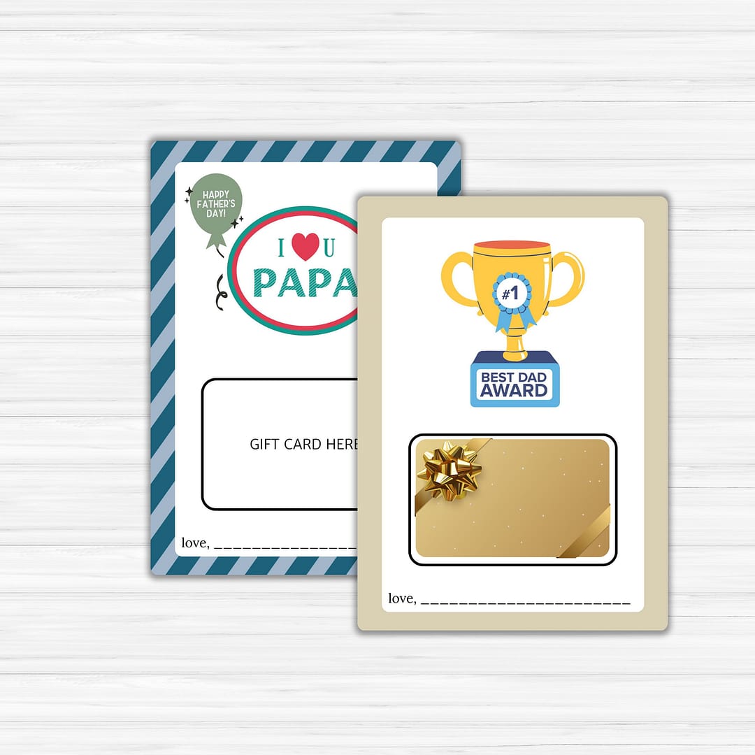 Two Father's Day Gift Card Holders displayed on a wooden surface; one showcases a 'Best Dad Award' trophy design, while the other reads 'I ♥ Papa'. Both serve as thoughtful gift holders with space available for personalization.