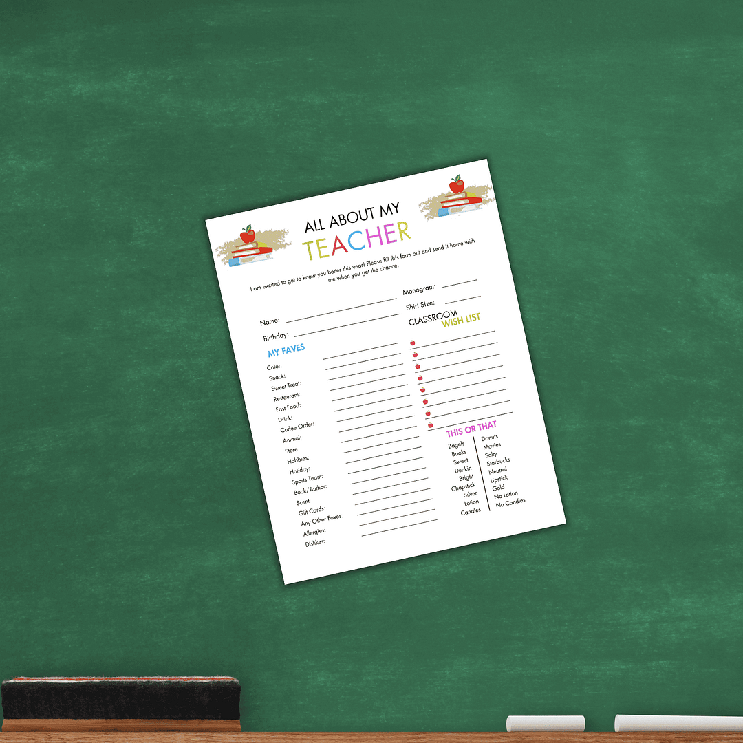 The "Meet the Teacher Templates," featuring categories such as favorites and classroom list, are displayed on a green chalkboard, providing a delightful introduction.