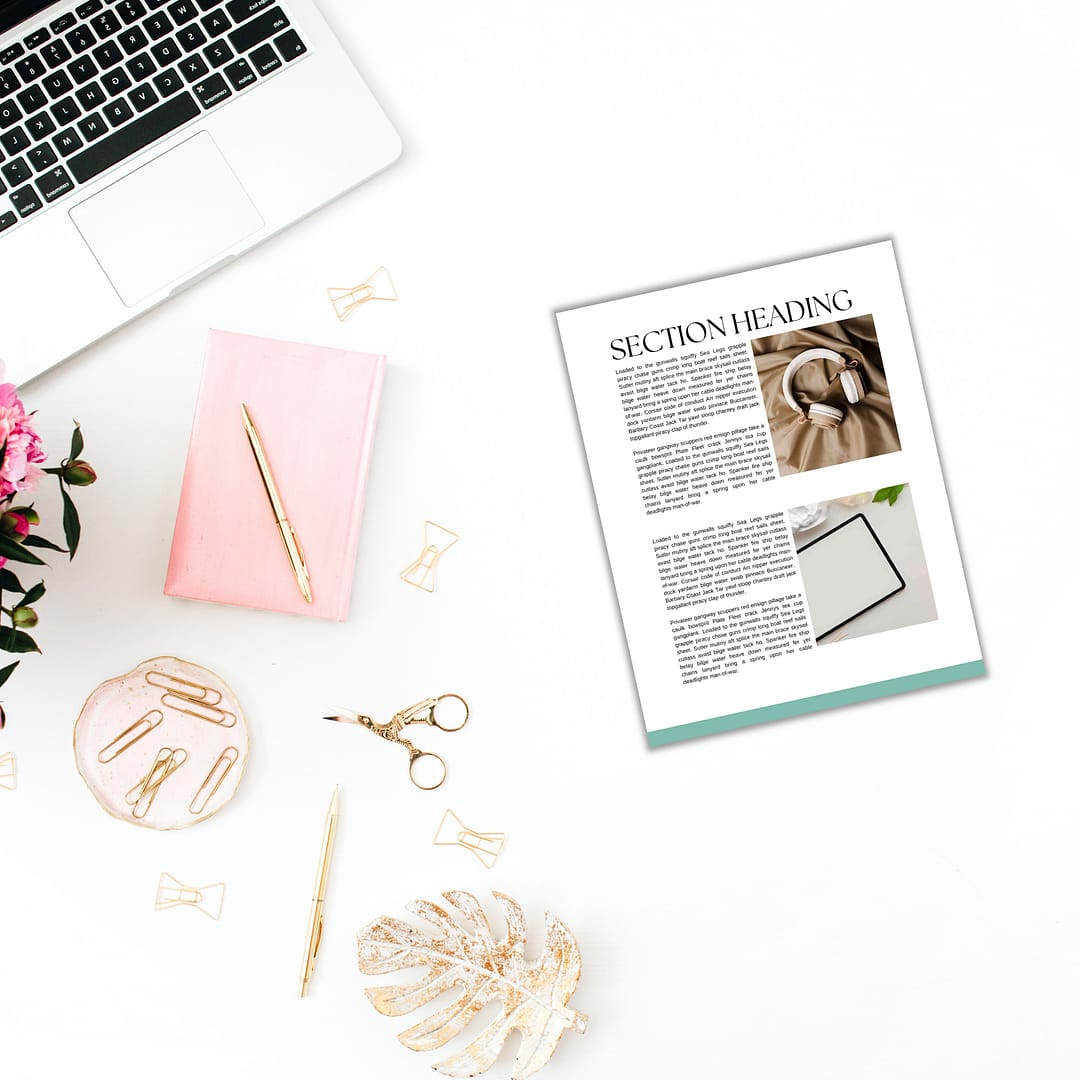 A flat lay featuring a laptop, the Summer Pastels Ebook Templates, a pink notebook, a pen, a magazine page, and various gold stationery items on a white surface beautifully captures the essence of creative workspaces. The scene's summer pastels are complemented by the greenery of the plant.