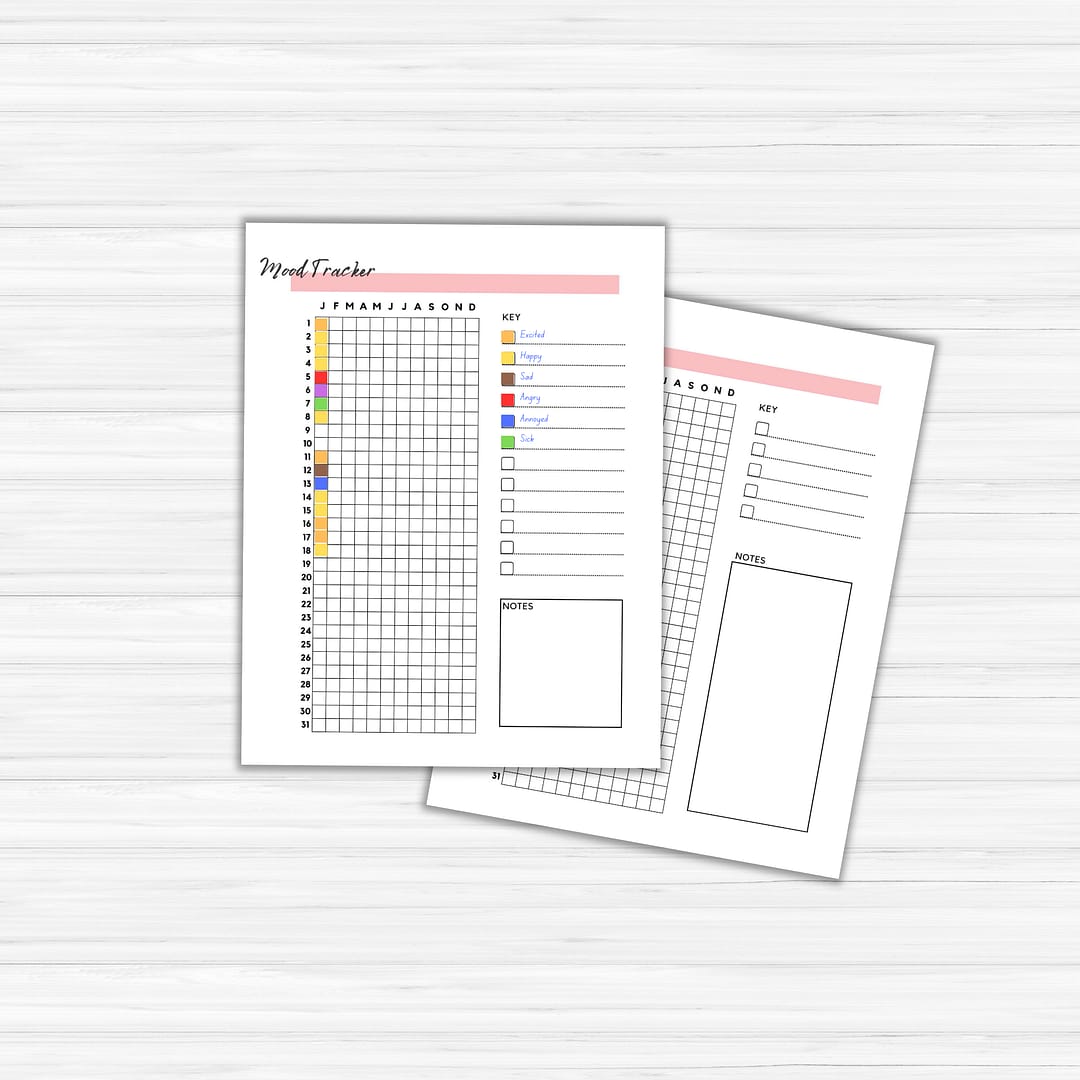 Two mood tracker sheets with grids and color-coded keys rest on a light wood background, ideal for the 'New Year, New Start' Resolutions Planner. One sheet is slightly tilted, revealing its underside, perfectly symbolizing a fresh start.