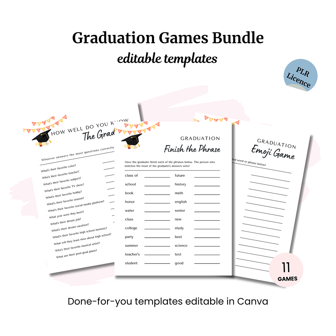 Graduation Games Bundle features 11 fun editable games like "Finish the Phrase" and "Emoji Game." Now includes Valentine's 5-Second Game PLR, set on a crisp white background, for added excitement.