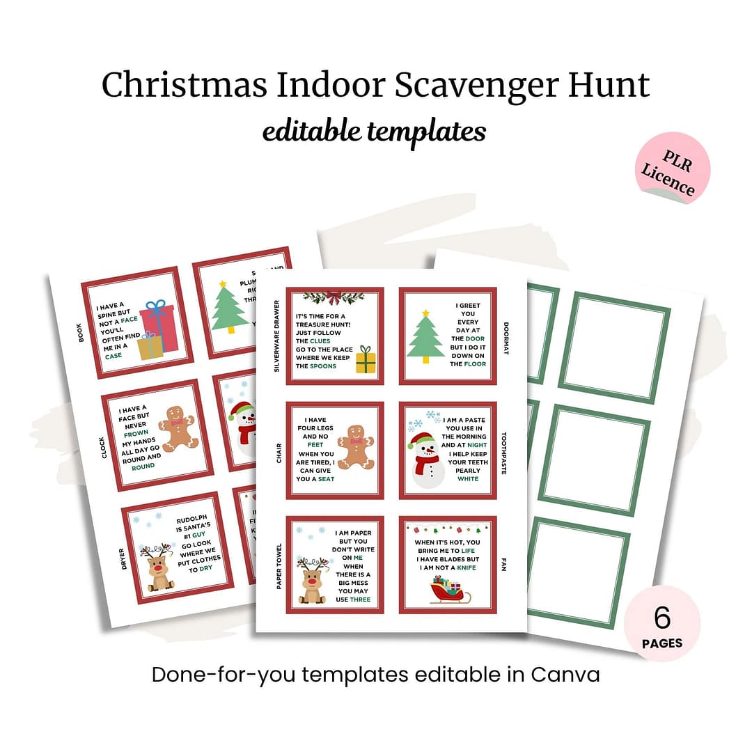 Three editable Christmas Indoor Scavenge cards featuring festive illustrations and blank templates—great with a Christmas Taboo Game. Includes Canva templates with PLR license.