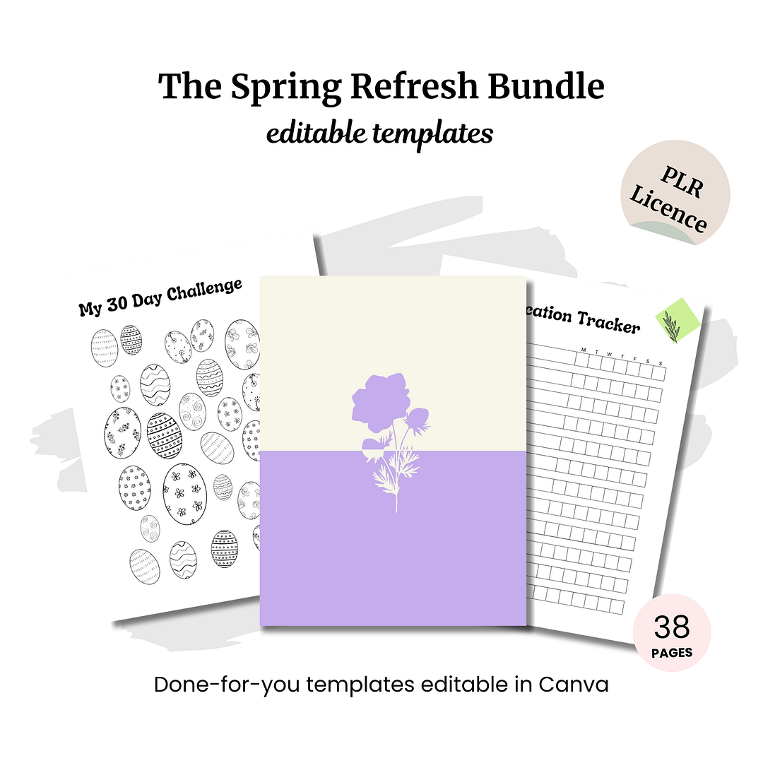 Check out the Free PLR: Spring Refresh Bundle, a 38-page set of editable templates including three designs—a 30-day challenge sheet, floral cover, and hydration tracker. It’s fully customizable in Canva and comes with a PLR license for your creative projects.