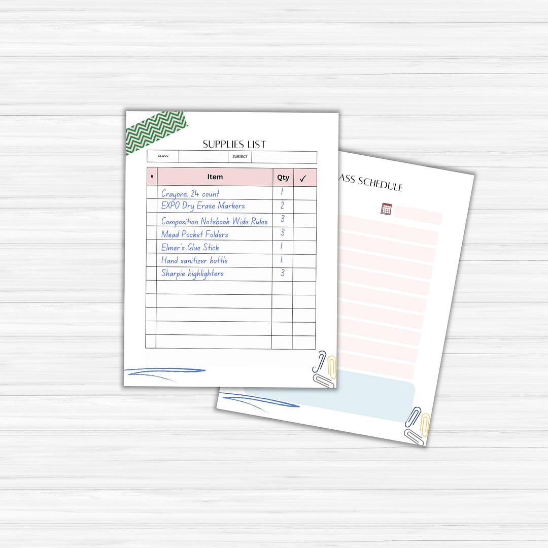 On a light surface, there are two sheets of paper: one displays a supply list with items and quantities, while the other showcases a planner-style class schedule form, perfect for teachers. Both are part of the Printable Planner for Teachers.