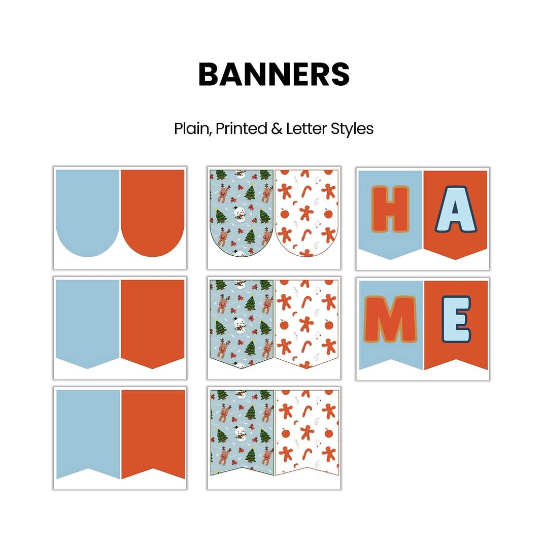 Nine rectangular banner designs are displayed in a grid, featuring plain, Christmas-themed, gingerbread-themed, and lettered styles spelling "HOME.