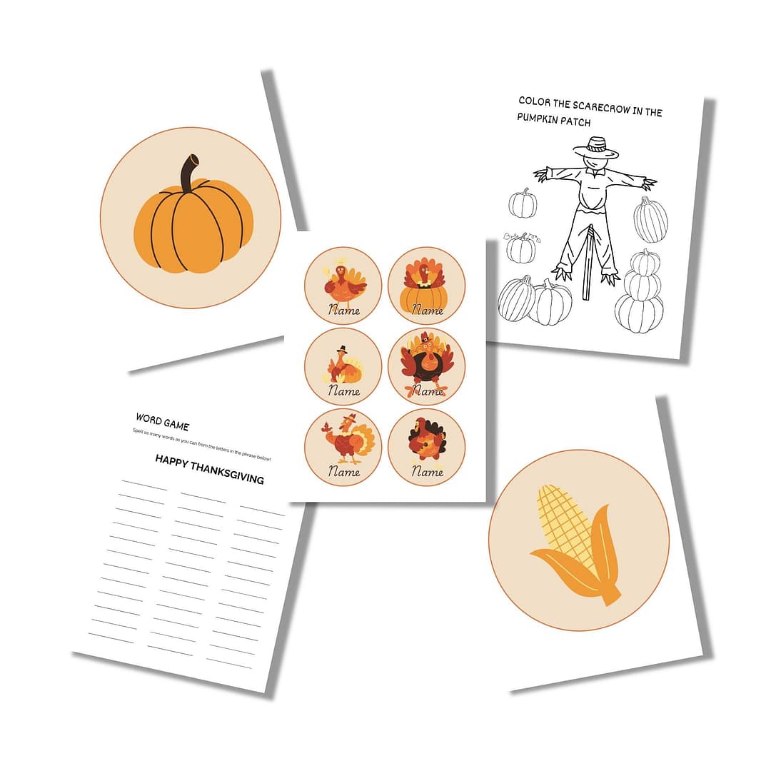 A set of Thanksgiving-themed printables including a pumpkin and corn illustration, a scarecrow coloring page, a word game, and turkey name tags.
