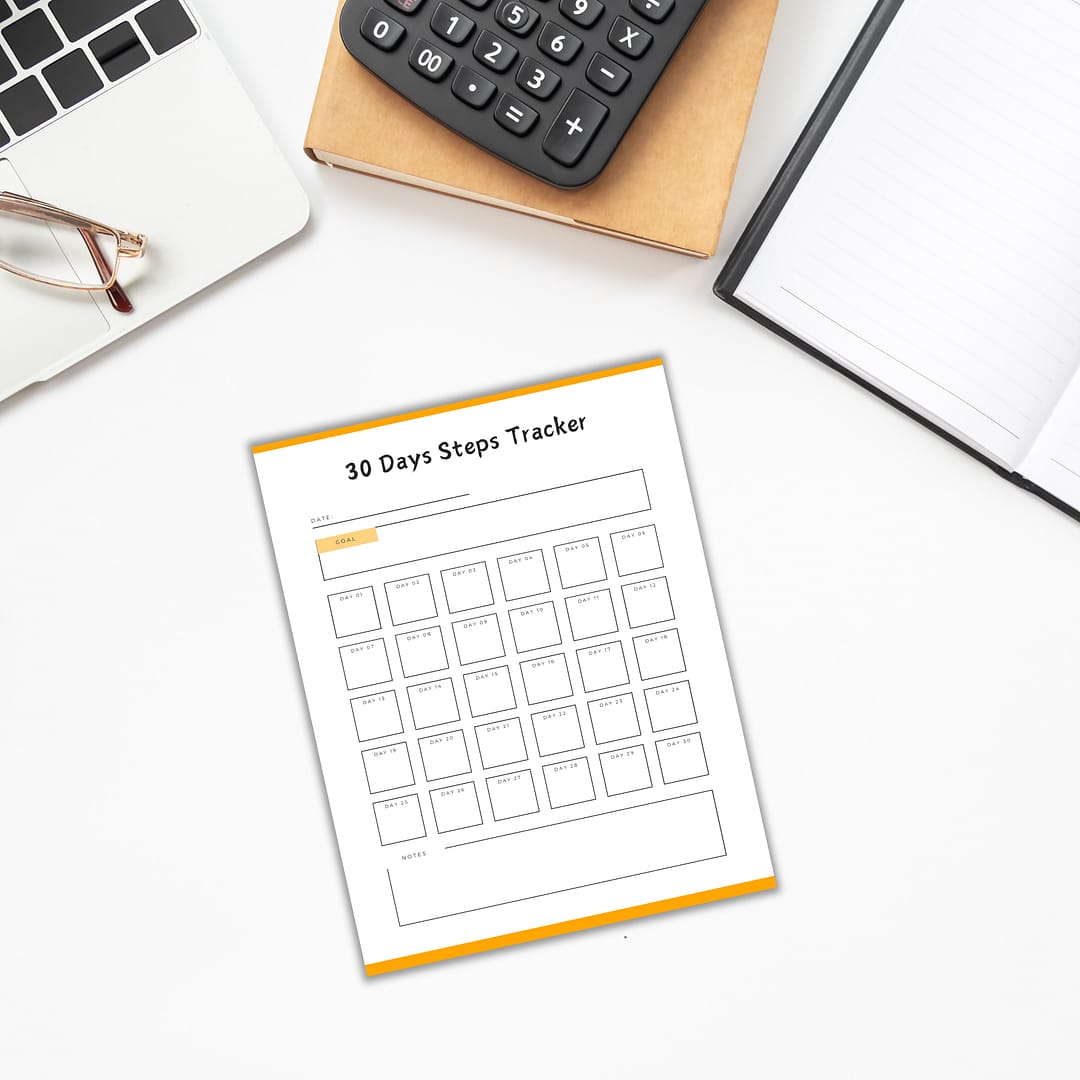 Flat lay of a 30 Days Steps Tracker sheet on a desk accompanied by the Family HQ Home Management Planner, a calculator, notebook, pen, glasses, and laptop; ideal for home management enthusiasts.