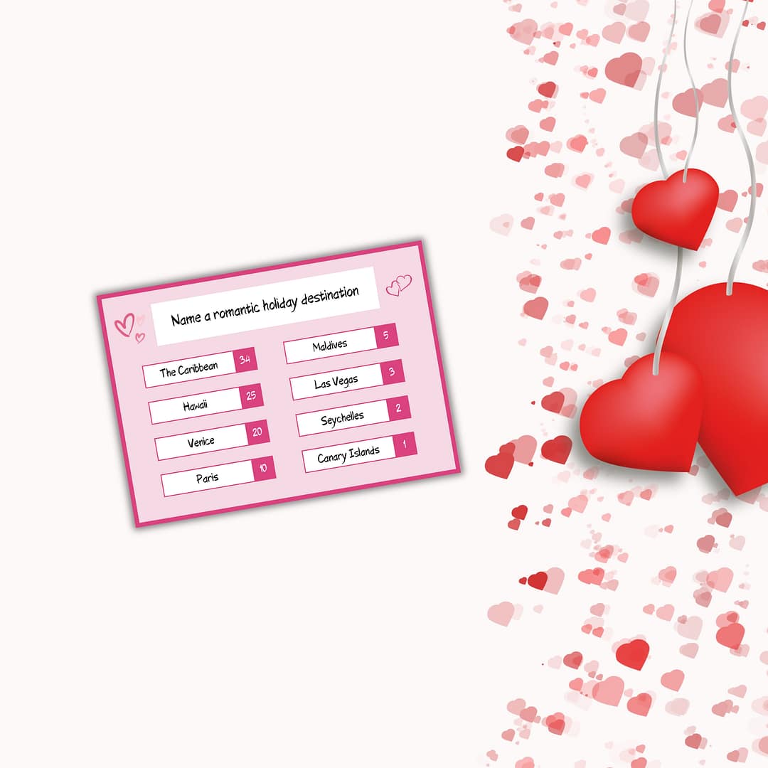 Explore your ideal romantic getaway with the Valentine's 5-Second Game PLR card. Select from options like The Caribbean, Maui, Venice, Paris, Maldives, Las Vegas, Seychelles, or the Canary Islands. A heart-themed background enhances this charming experience.