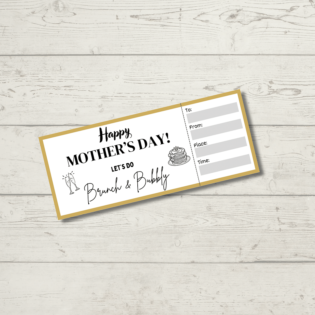 Mother's Day invitation card features a rustic wooden background and spaces for recipient, sender, place, and time. The text "Let's do Brunch & Bubbly" complements the Mother's Day Activity Placemats PLR for an engaging celebration.