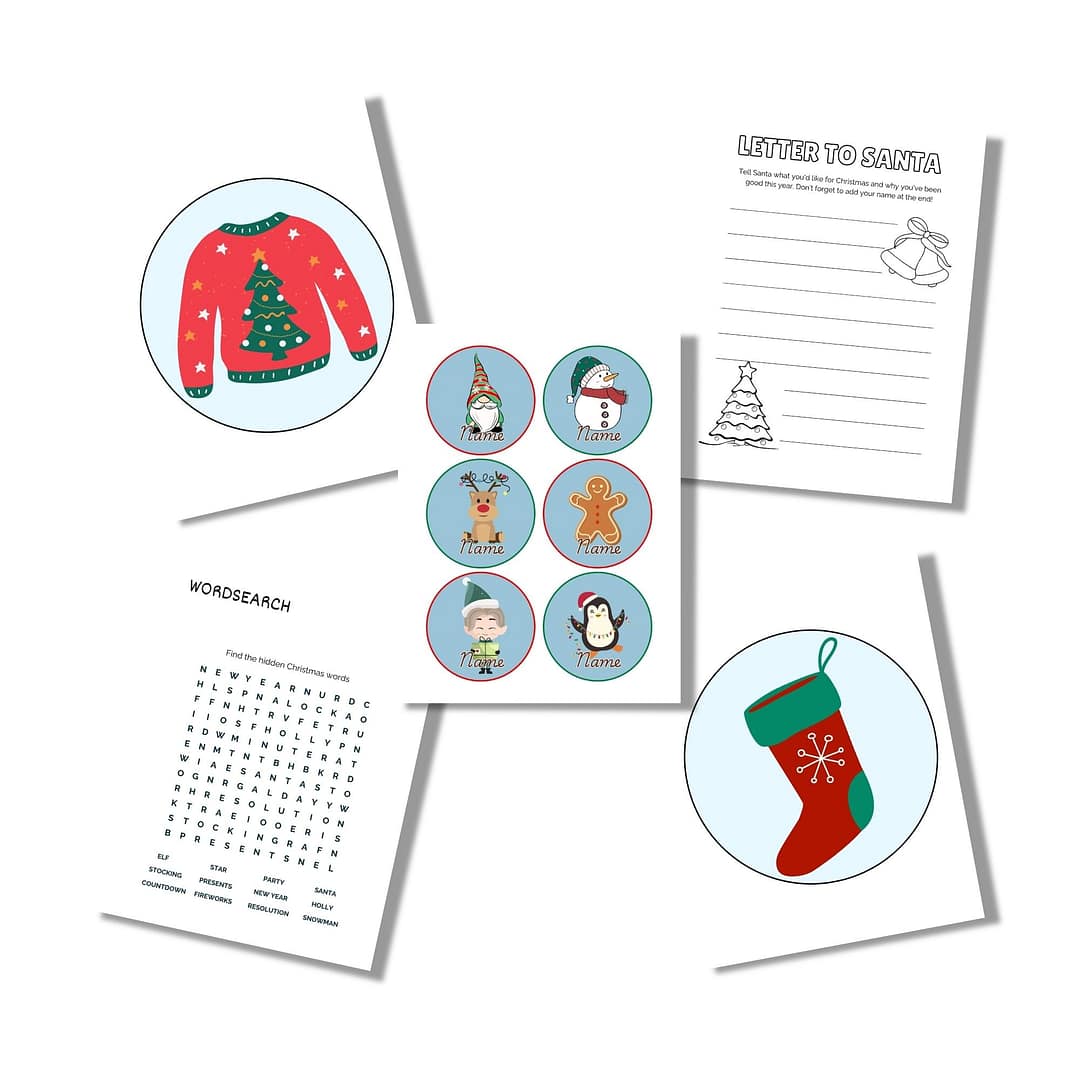 A set of Christmas-themed printables, including a sweater and stocking illustration, word search, letter to Santa, and six animal name tags wearing holiday attire.