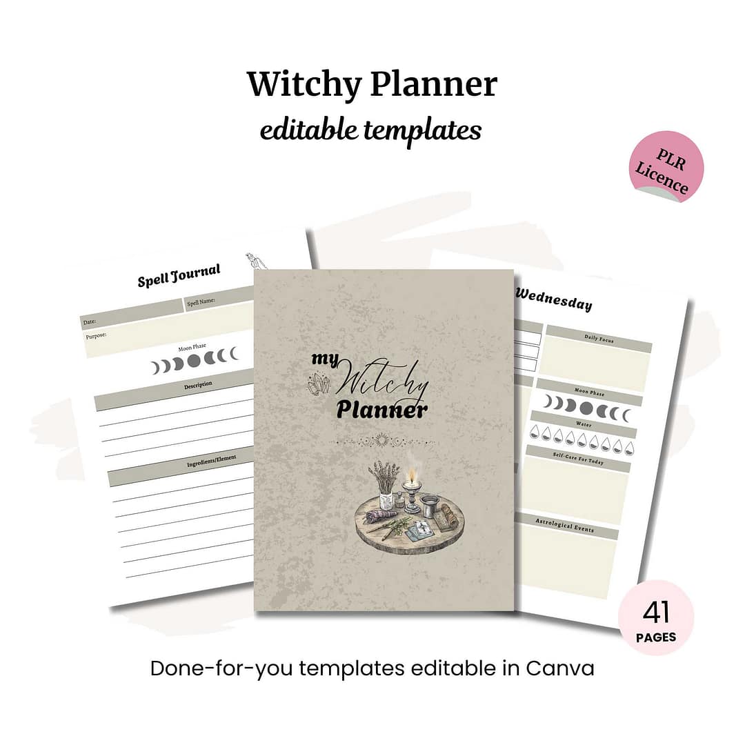 Explore the whimsical Witchy Planner PLR with three-page spreads, including a spell journal, weekly planner, and moon phases. Comes as a 41-page package with PLR rights and is easily editable in Canva for all your mystical planning needs.