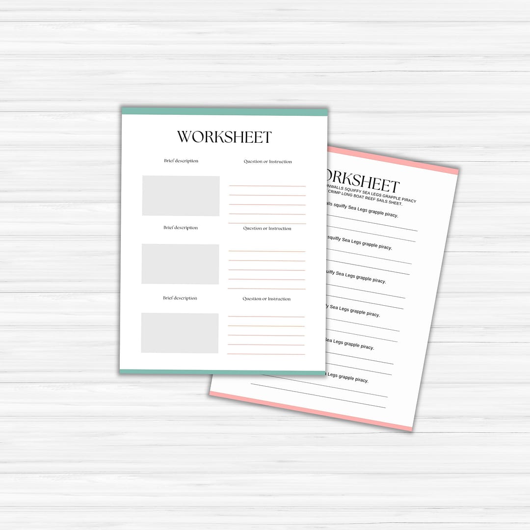 On a wooden surface lie two worksheets. The one on the left, embellished with Summer Pastels Ebook Templates, provides spaces for descriptions and instructions. On the right, the worksheet is lined for writing, reflecting the clean design of ebook templates.