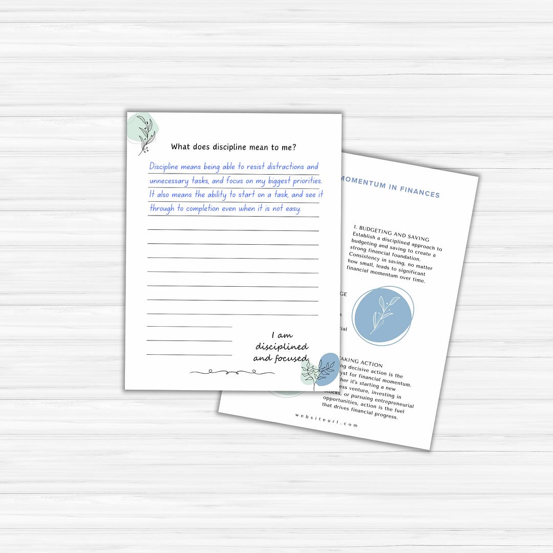 Two stationery pages rest on a light wood surface: The Power of Momentum Journal & Workbook prompts reflection on discipline, while the other discusses budgeting, saving, and financial momentum.