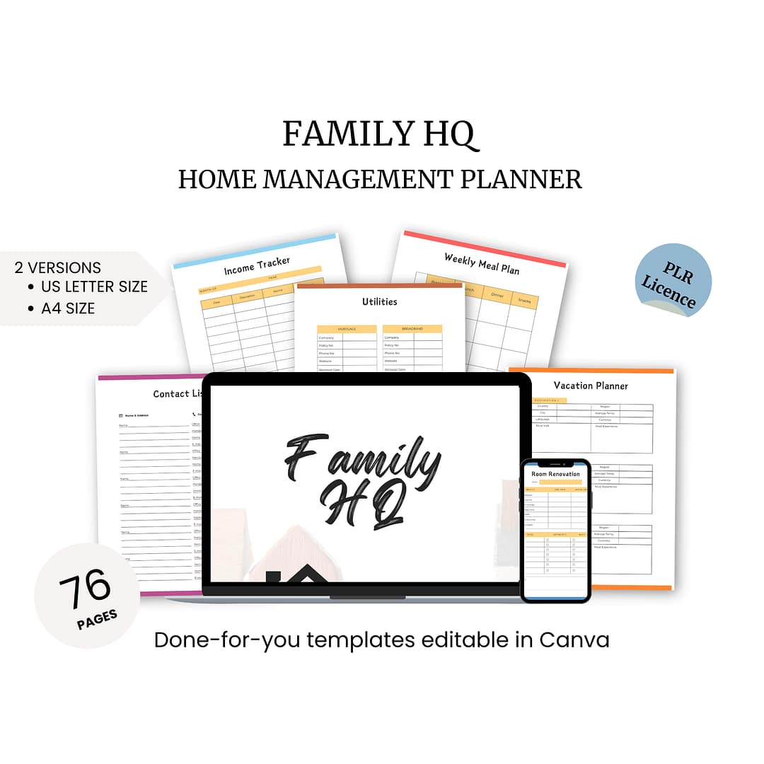 The Family HQ Home Management Planner includes sections for income tracking, utilities, meal planning, contacts, and vacation organization. This versatile planner comes in various sizes and is completely editable in Canva.