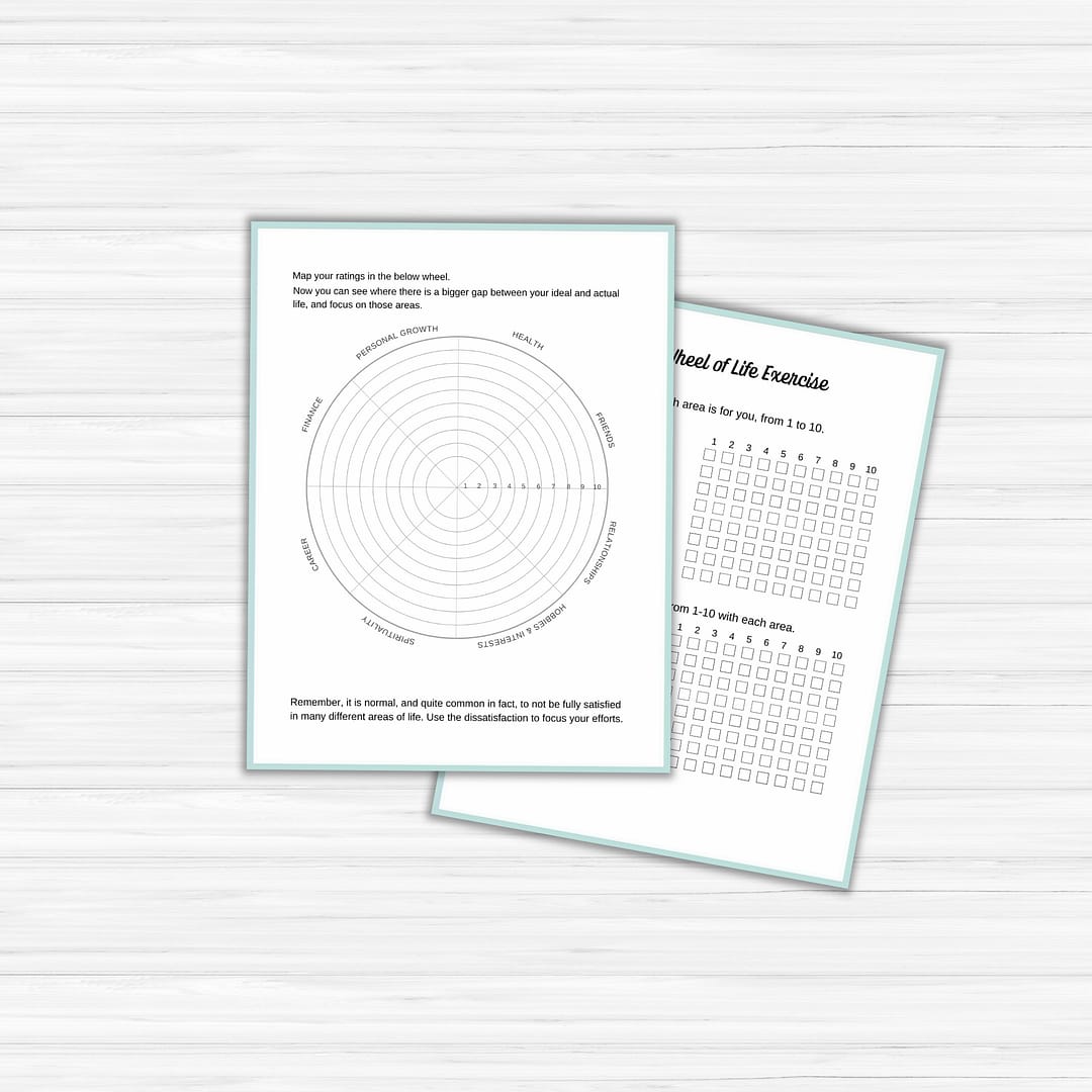 Two sheets on a wooden surface: a circular "Wheel of Life" chart for self-assessment, and a rating scale exercise with instructions from the 'Find Your Purpose' Ebook & Workbook.