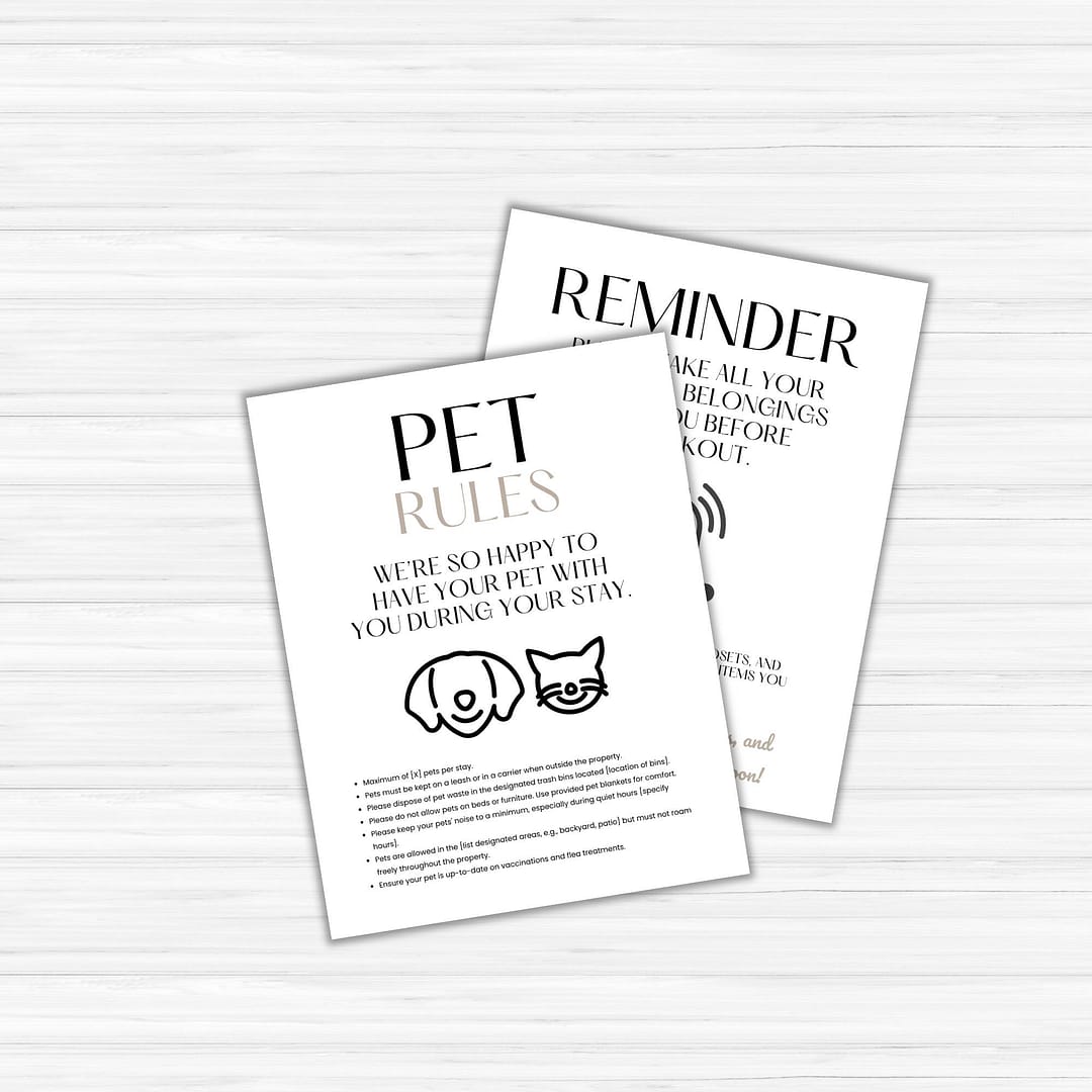 A charming Delivery Driver Signs Bundle PLR set is displayed on a light wood surface: one sign details pet rules with cute dog and cat icons, while the other subtly reminds guests about personal belongings at checkout.