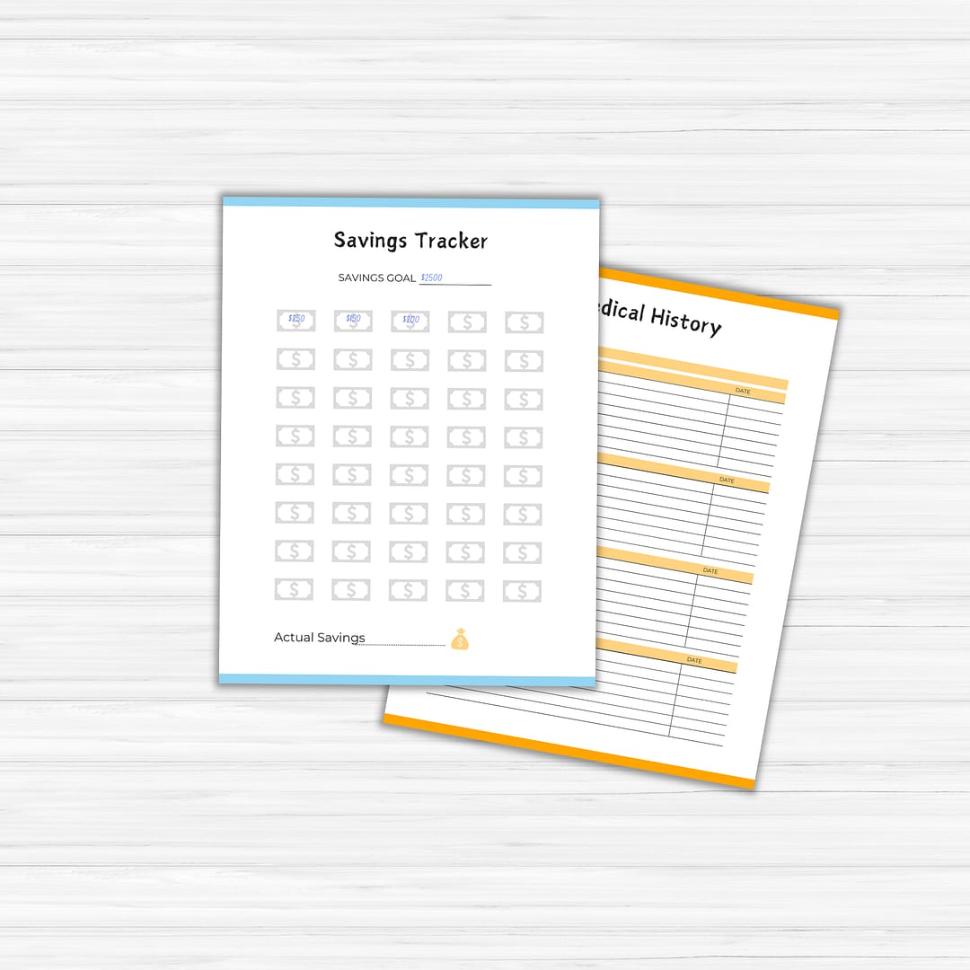 Two paper forms—featuring a savings tracker with designated slots for dollar amounts and a medical history form with lined spaces for entries—make ideal additions to your Family HQ Home Management Planner.