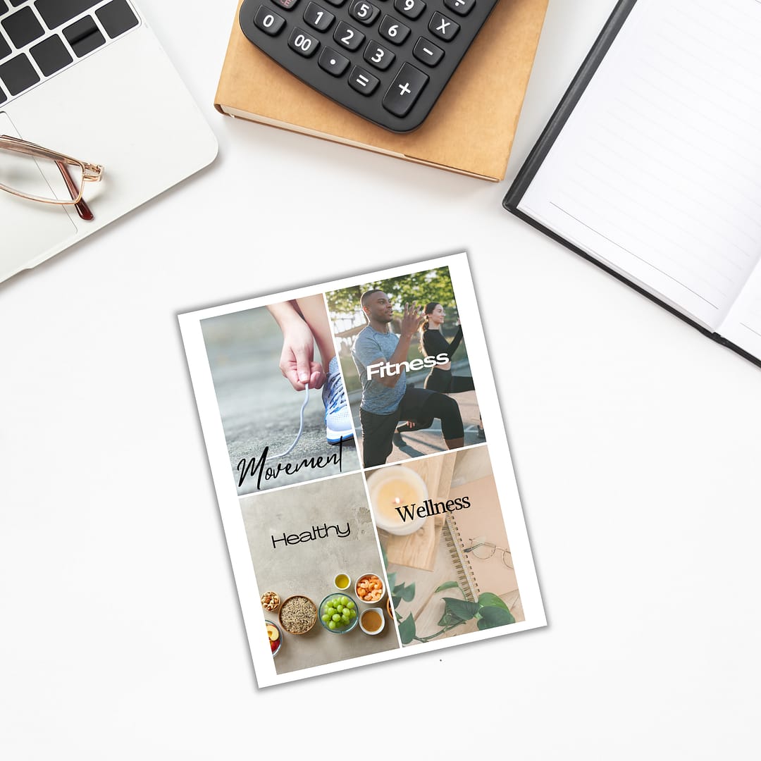A flat lay highlights an open notebook, glasses, and a calculator next to a vibrant fitness-themed flyer promoting "Movement," "Fitness," "Healthy," and "Wellness," echoing the inspiring essence of the Vision Board Kit—truly capturing aspirations of balanced living.