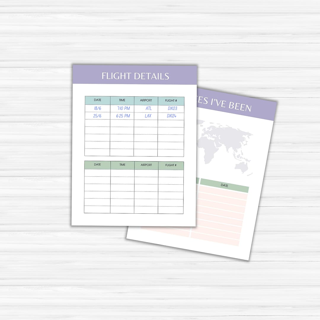 The Dream Vacations Travel Planner is your ultimate travel organizer, featuring two sheets: one detailing dates, times, airports, and flight numbers, and the other titled "Places I've Been," complete with a map outline to inspire dream vacations.