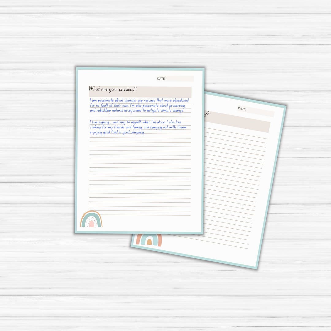 The 'Find Your Purpose' Journal contains two sheets of lined paper featuring rainbow and heart graphics. The top sheet is titled "What are your passions?" and includes handwritten prompts to help you discover your purpose through introspective journaling.