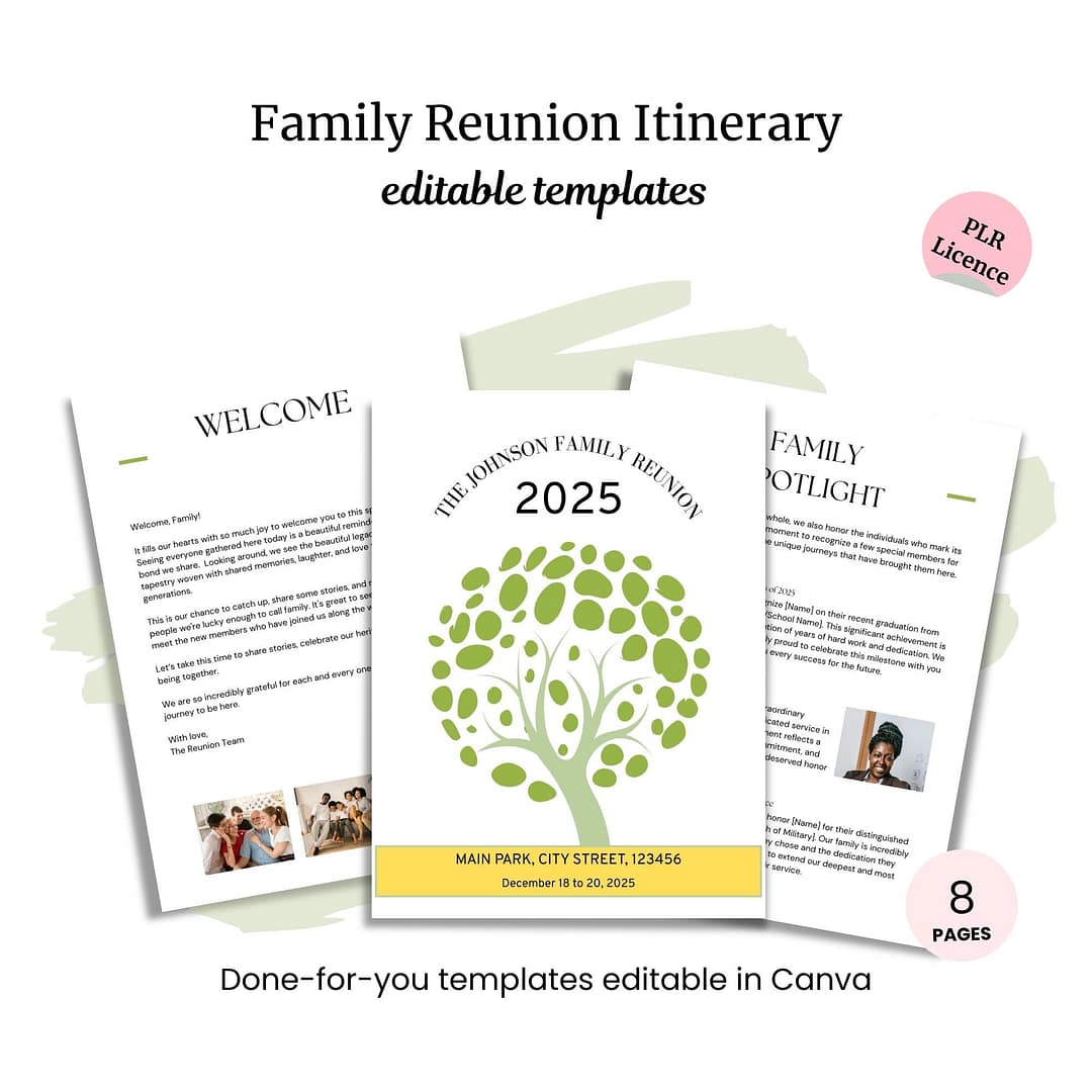 Family Reunion Itinerary (PLR) features a tree-themed 8-page itinerary set with sample pages and clear text. Includes editable Canva files and PLR license—ideal for organizing your family gathering.