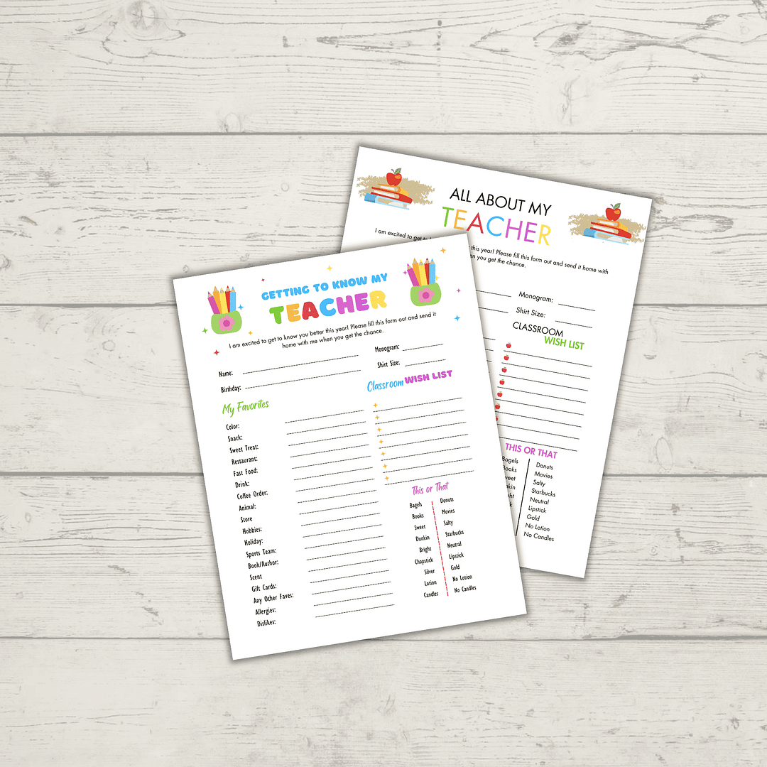 The "Meet the Teacher Templates" on a wooden surface are vibrant sheets with sections such as "My Favorites," "Classroom Wish List," and "Tips or That," ideal for introductory teacher events.