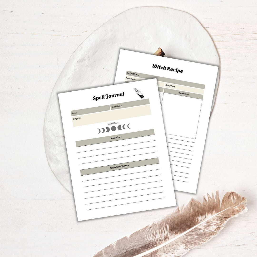 The Witchy Planner PLR set includes a "Spell Journal" with moon phases and lined sections, and a "Witch Recipe" sheet featuring spaces for ingredients and instructions, plus a nearby feather—ideal additions for your magical moments.
