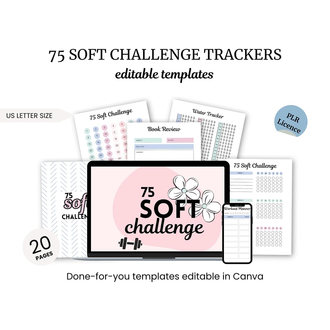 Image showcasing a digital collection of 'The 75 Soft Challenge' Trackers templates, featuring book reviews, water trackers, and daily tasks. Displayed on a laptop screen with 20 editable pages for personalized planning.