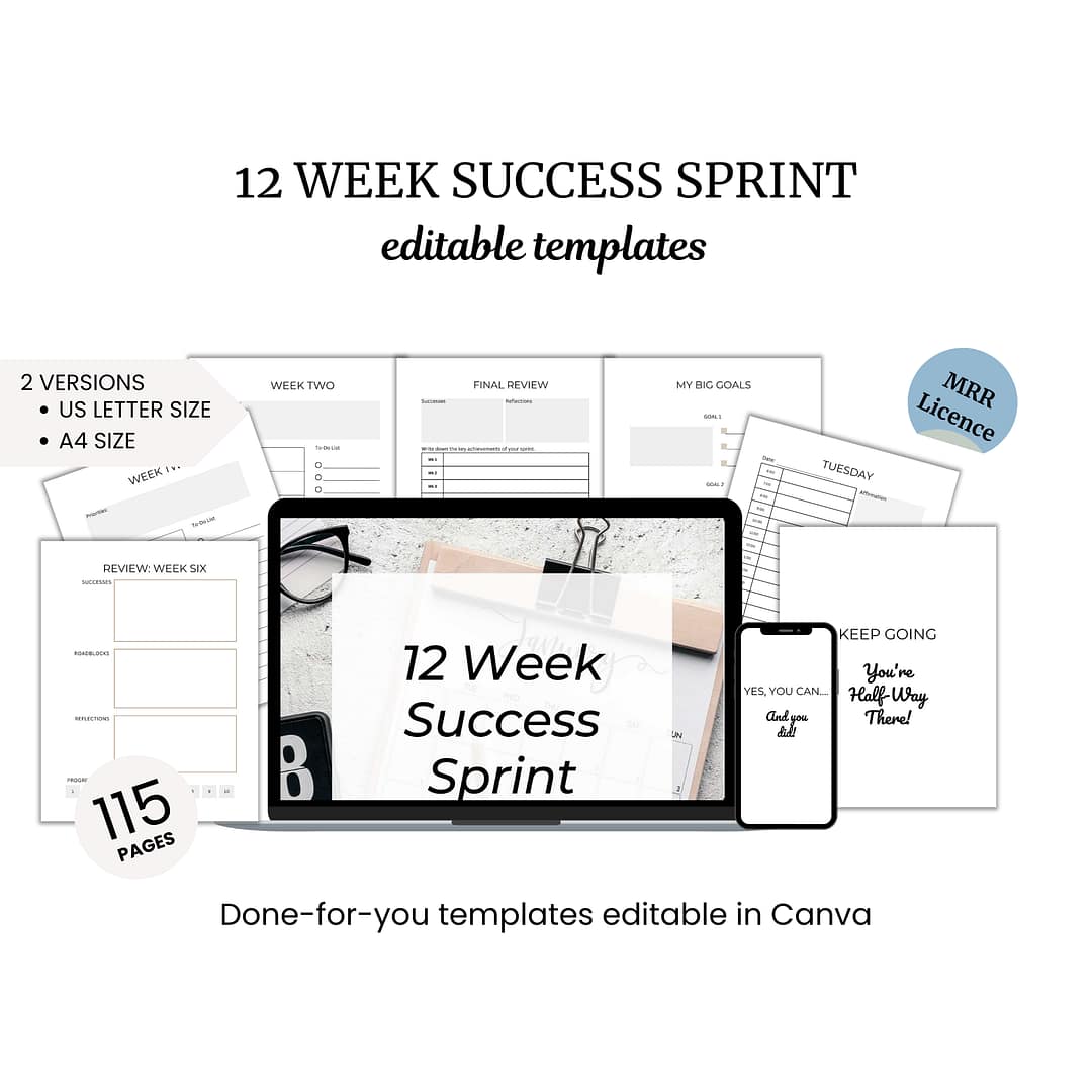 The "12-Week Success Sprint Planner PLR Template" is a set of editable Canva templates featuring motivational text such as "KEEP GOING" and "YOU CAN DO IT." This extensive planner includes 115 pages and is available in two sizes, perfect for individuals looking for an inspiring PLR template.