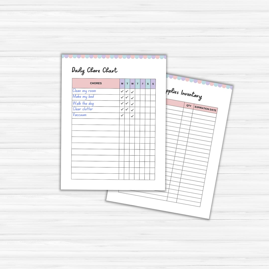 A pair of charts are displayed on a light surface: one is The Cottagecore Cleaning Planner, serving as a daily chore chart with tasks and checkboxes, and the other adopts a cottagecore aesthetic as an inventory sheet for supplies, featuring columns for quantity and expiration date.