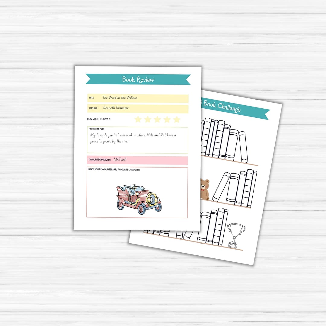 On the table lie two book-themed worksheets: one is a reading planner with sections for the title, author, and review; the other, called the Summer Reading Planner for Kids, features drawings of books and awards to inspire young readers.
