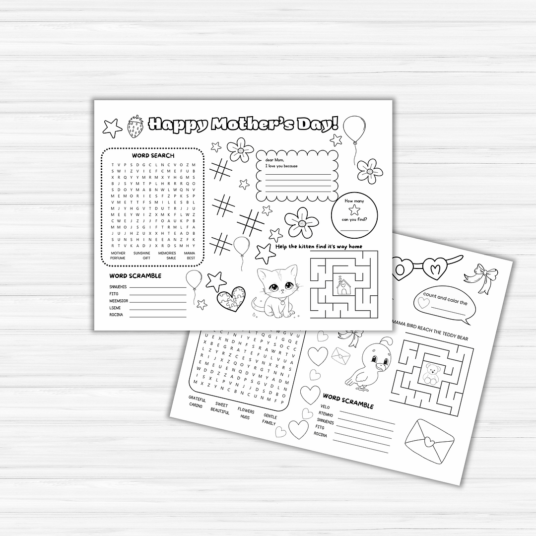 Two Mother's Day Activity Placemats PLR featuring word search, word scramble, mazes, and a coloring area with floral and animal designs on a wooden background. Great for creating personalized keepsakes or providing fun dining table entertainment.