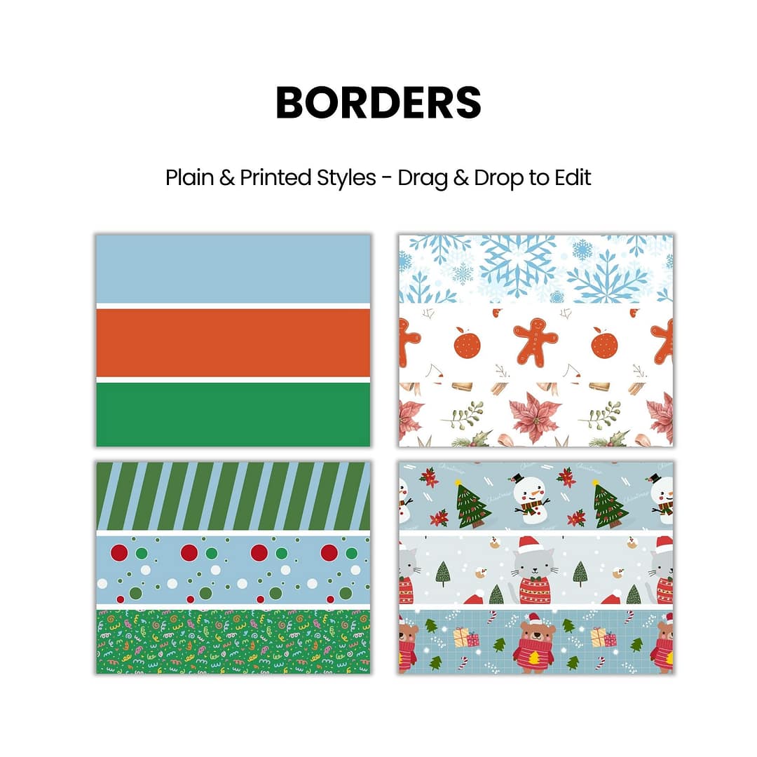 Four rectangular border designs are shown: one plain with colored stripes, and three with festive holiday patterns including snowflakes, gingerbread, ornaments, and Christmas characters.