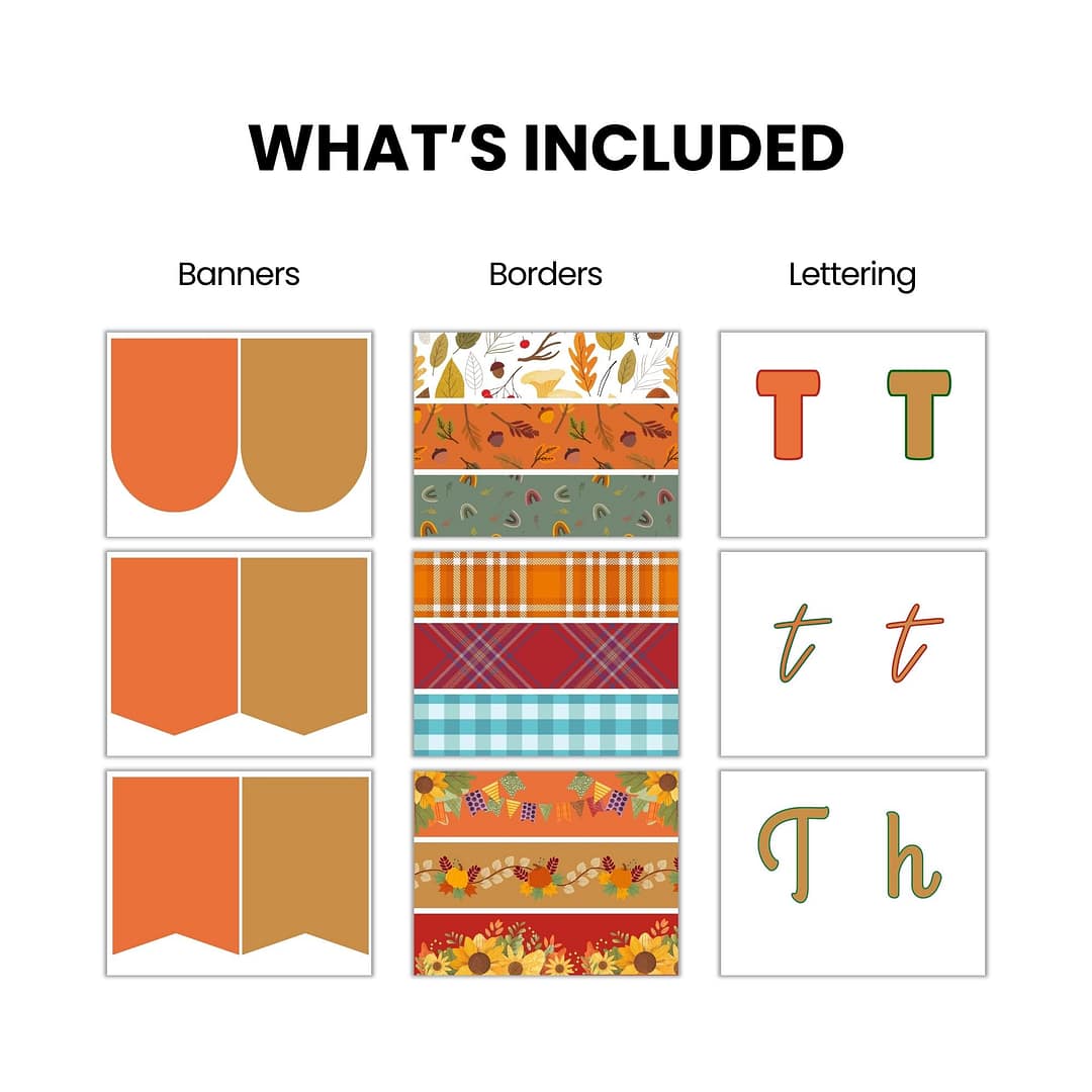A “What’s Included” chart shows the Classroom Bulletin Board Kit - Thanksgiving contains three banners, six fall-themed borders, and three sets of uppercase and lowercase letters in assorted styles.