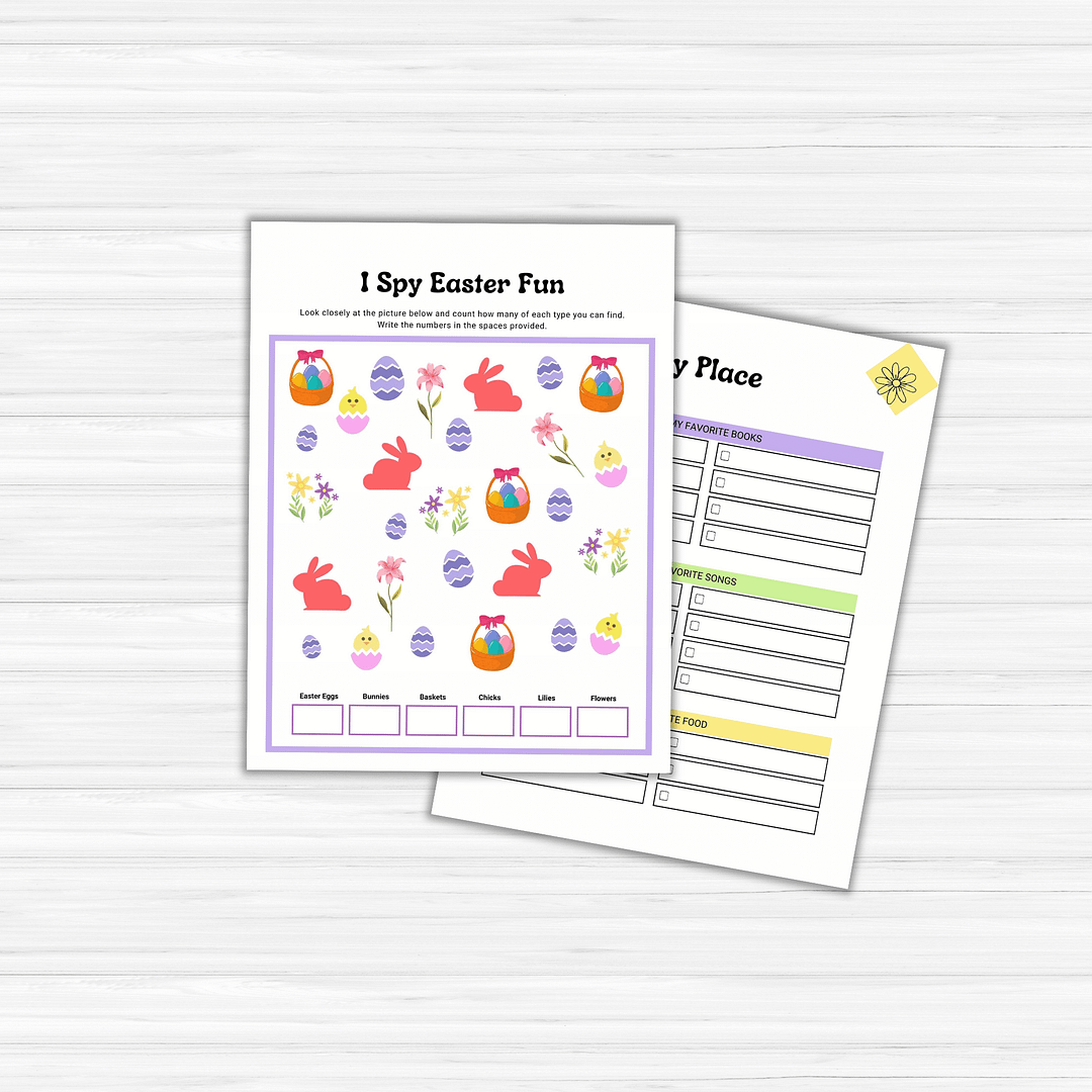 Two children's activity sheets sit on a wooden surface: the top one displays a colorful Easter-themed "I Spy" game with eggs and bunnies, while the bottom is a personalized Spring Refresh planner from the Free PLR: Spring Refresh Bundle, ideal for any seasonal activity set.