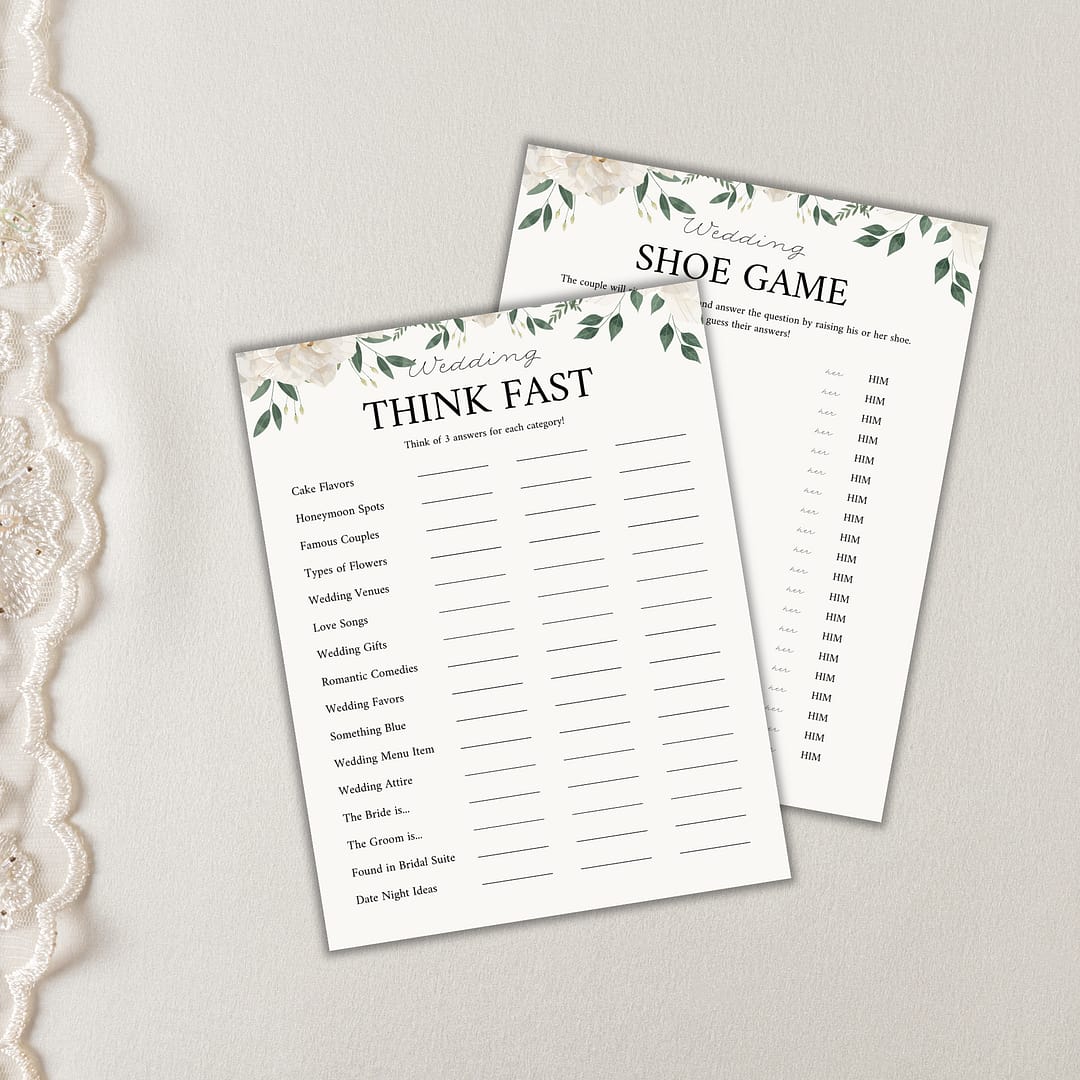 On a beige lace surface lie two elegant wedding cards, "Think Fast" and "Shoe Game," with floral designs and answer spaces. These sophisticated touches are part of our exclusive Wedding Games Bundle PLR collection.