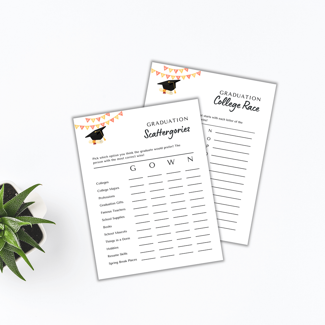 On a white surface, two "Meet the Teacher Templates" game sheets sit next to a small potted plant. One, titled "Scattergories," and the other, "College Race," both feature a graduation hat illustration—ideal fun for teachers as classroom templates.