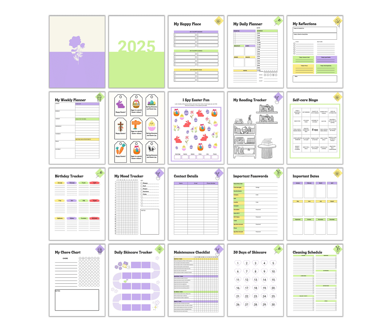 Introducing the 2025 planner in our Free PLR: Spring Refresh Bundle, with 18 pages of weekly layouts, trackers, contacts, passwords, and cleaning schedules. Each page features vibrant charts and colorful illustrations of plants and home items.